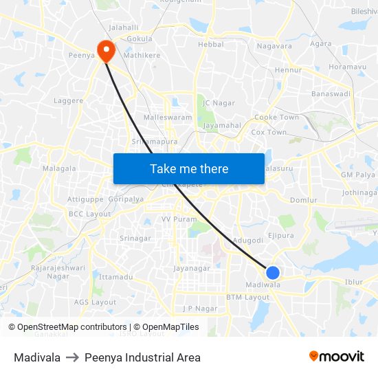 Madivala to Peenya Industrial Area map