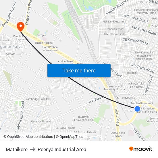 Mathikere to Peenya Industrial Area map