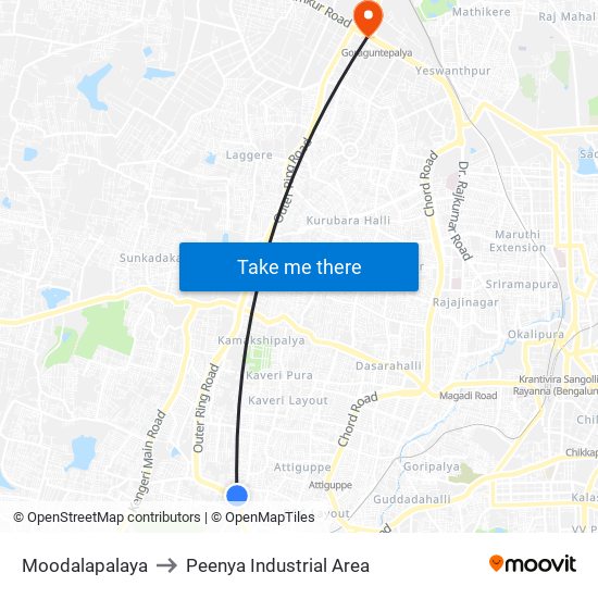 Moodalapalaya to Peenya Industrial Area map