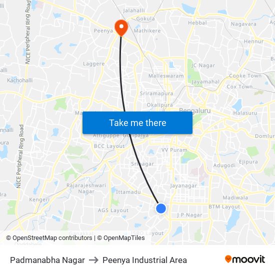 Padmanabha Nagar to Peenya Industrial Area map