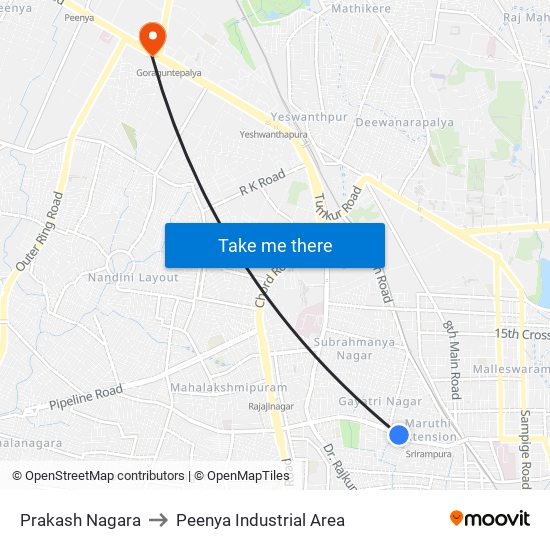 Prakash Nagara to Peenya Industrial Area map