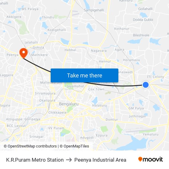K.R.Puram Metro Station to Peenya Industrial Area map