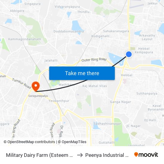 Military Dairy Farm (Esteem Mall) to Peenya Industrial Area map