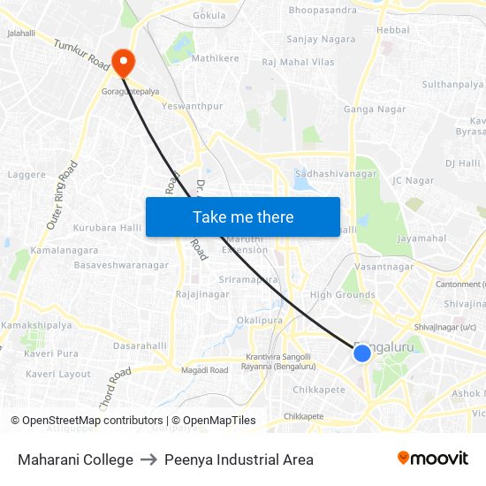 Maharani College to Peenya Industrial Area map