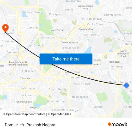 Domlur to Prakash Nagara map
