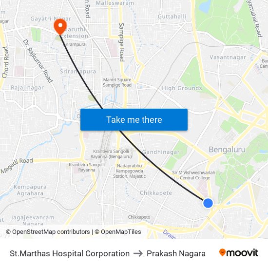 St.Marthas Hospital Corporation to Prakash Nagara map