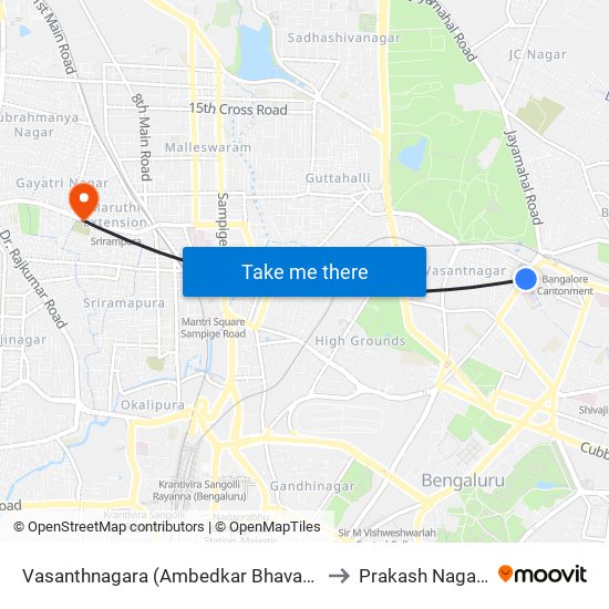 Vasanthnagara (Ambedkar Bhavana) to Prakash Nagara map