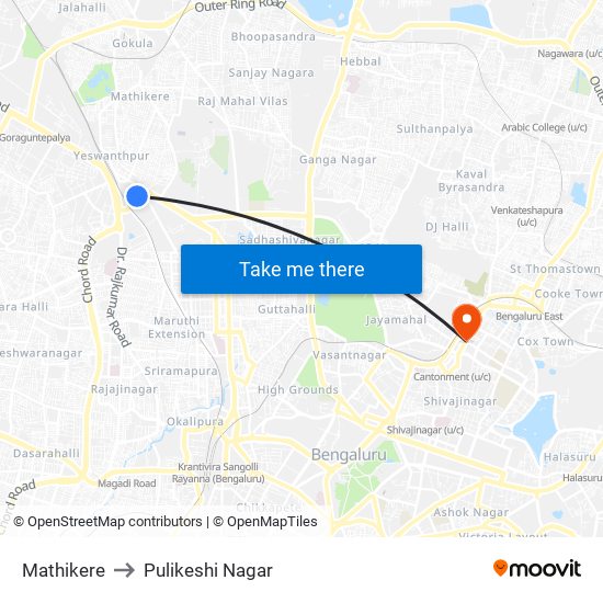 Mathikere to Pulikeshi Nagar map