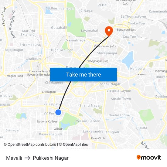 Mavalli to Pulikeshi Nagar map