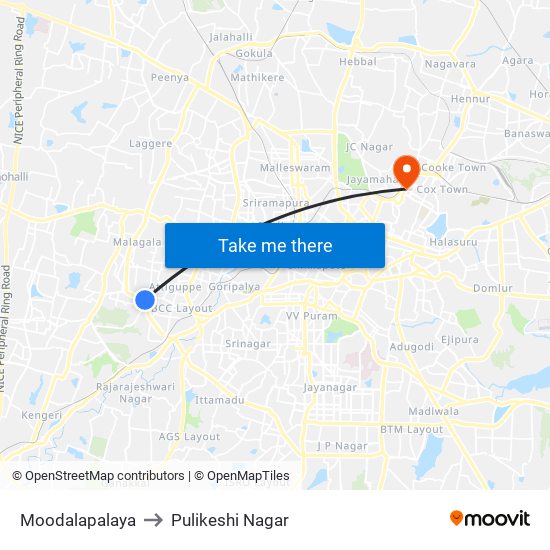 Moodalapalaya to Pulikeshi Nagar map