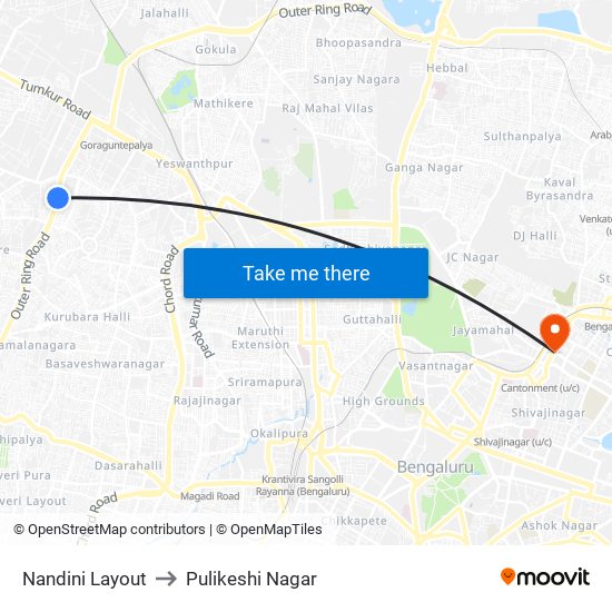 Nandini Layout to Pulikeshi Nagar map