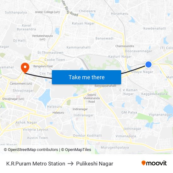 K.R.Puram Metro Station to Pulikeshi Nagar map