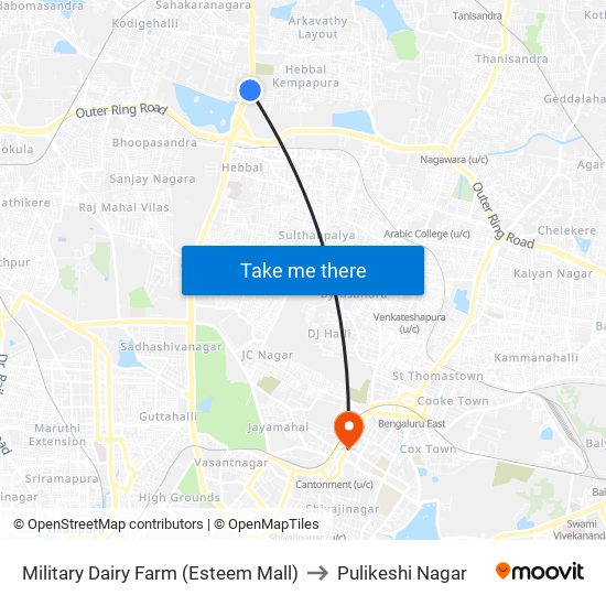 Military Dairy Farm (Esteem Mall) to Pulikeshi Nagar map