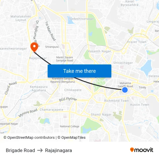 Brigade Road to Rajajinagara map