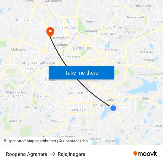 Roopena Agrahara to Rajajinagara map