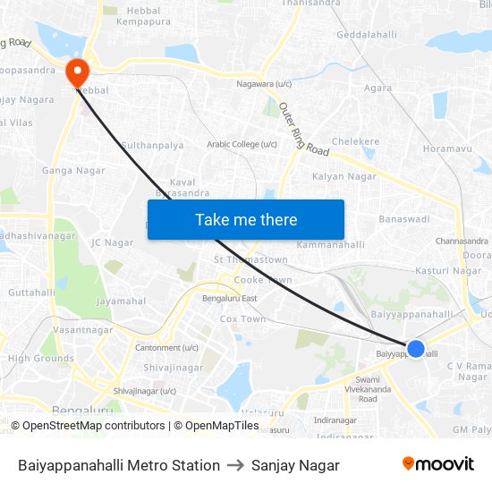 Baiyappanahalli Metro Station to Sanjay Nagar map