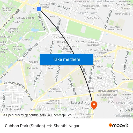 Cubbon Park (Station) to Shanthi Nagar map