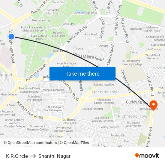 K.R.Circle to Shanthi Nagar map