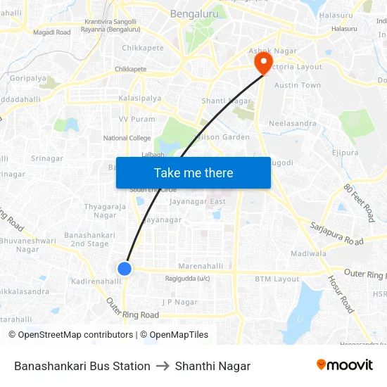 Banashankari Bus Station to Shanthi Nagar map