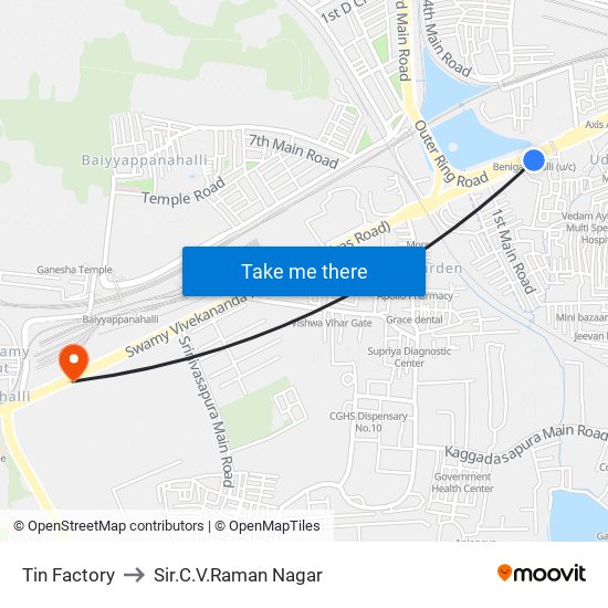 Tin Factory to Sir.C.V.Raman Nagar map