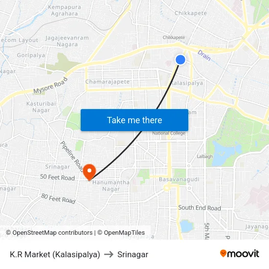 K.R Market (Kalasipalya) to Srinagar map