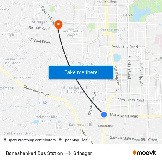 Banashankari Bus Station to Srinagar map