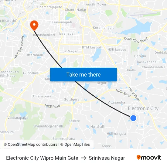 Electronic City Wipro Main Gate to Srinivasa Nagar map