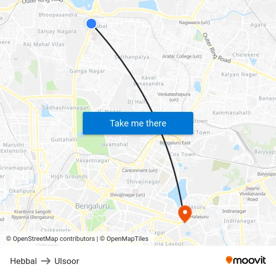 Hebbal to Ulsoor map