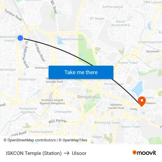ISKCON Temple (Station) to Ulsoor map
