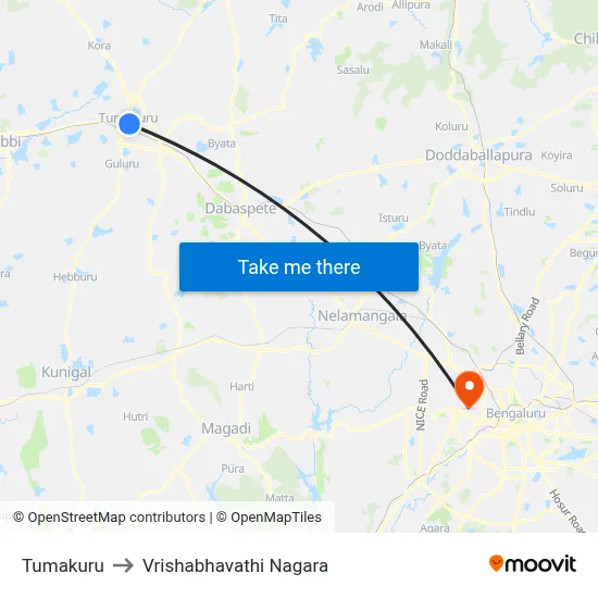 Tumakuru to Vrishabhavathi Nagara map