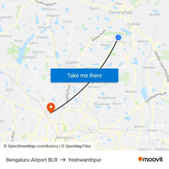 Bengaluru Airport BLR to Yeshwanthpur map