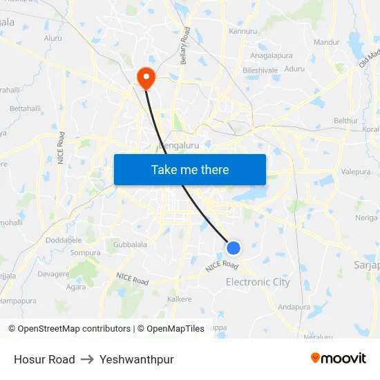 Hosur Road to Yeshwanthpur map