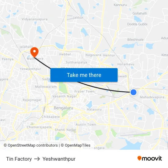 Tin Factory to Yeshwanthpur map