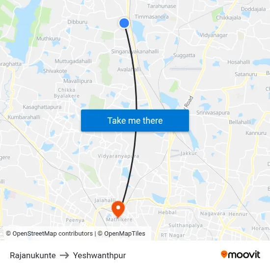 Rajanukunte to Yeshwanthpur map