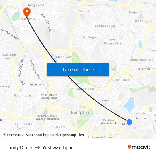 ट्रिनिटी सर्कल to येशवंतपुर map