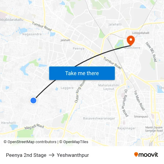 Peenya 2nd Stage to Yeshwanthpur map