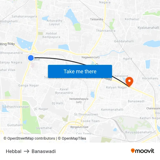 Hebbal to Banaswadi map