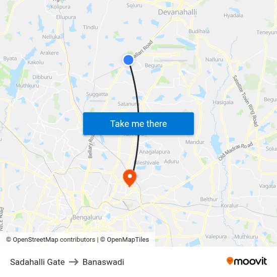 Sadahalli Gate to Banaswadi map