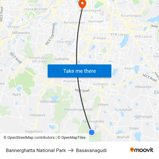 बन्नेरघट्टा राष्ट्रीय उद्यान to बसवनागुडी map