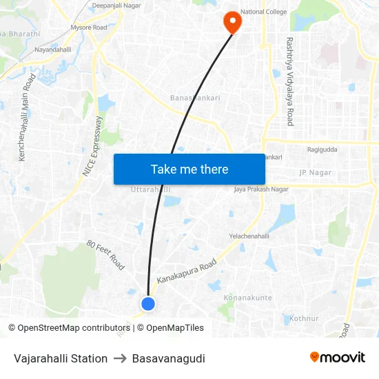 Vajarahalli Station to Basavanagudi map