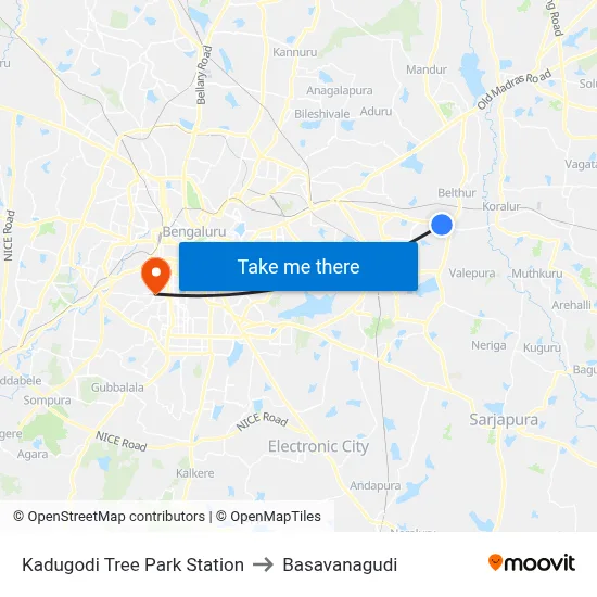 Kadugodi Tree Park Station to Basavanagudi map