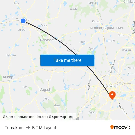 Tumakuru to B.T.M.Layout map