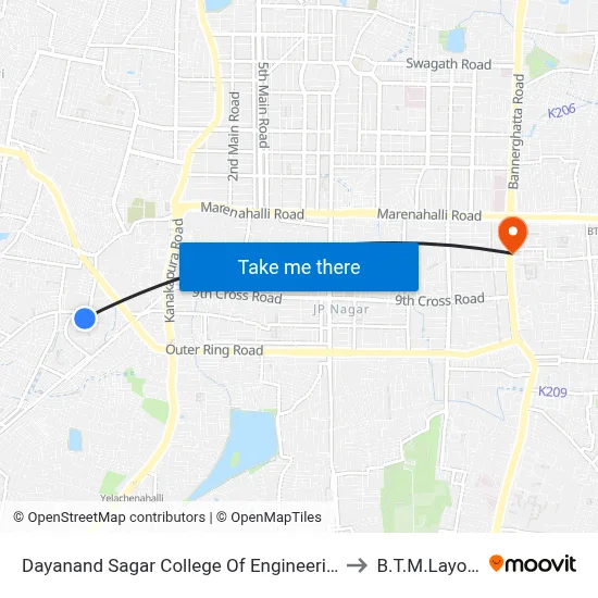 दयानंद सागर इंजीनियरिंग कॉलेज to बी.टी.एम. लेआउट map
