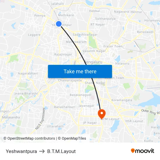 येशवंतपुरा to बी.टी.एम. लेआउट map