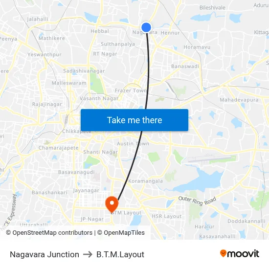 नागवारा जंक्शन to बी.टी.एम. लेआउट map