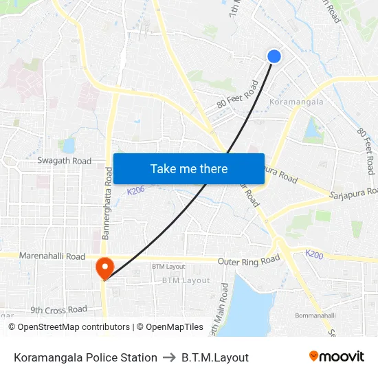 कोरमंगला पुलिस स्टेशन to बी.टी.एम. लेआउट map