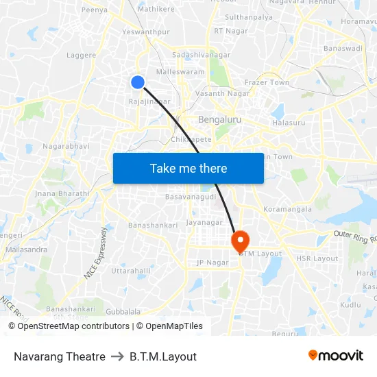 नवरंग थियेटर to बी.टी.एम. लेआउट map
