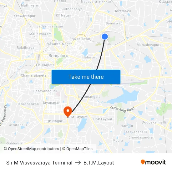 सर एम विश्वेश्वरैया टर्मिनल to बी.टी.एम. लेआउट map