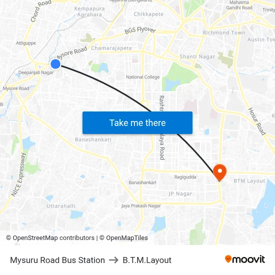 मैसूर रोड बस स्टेशन to बी.टी.एम. लेआउट map