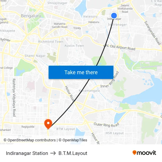 Indiranagar Station to B.T.M.Layout map